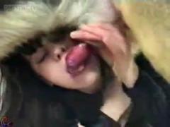 Horny girl sucks a dog xxx dick deep in throat