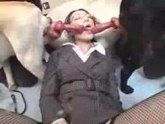 Japanese office woman suck hard dog's dick facial