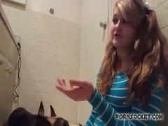 Blonde curly girl seduce her dog