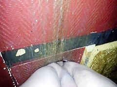 Bare back fuck at glory hole with cum eating